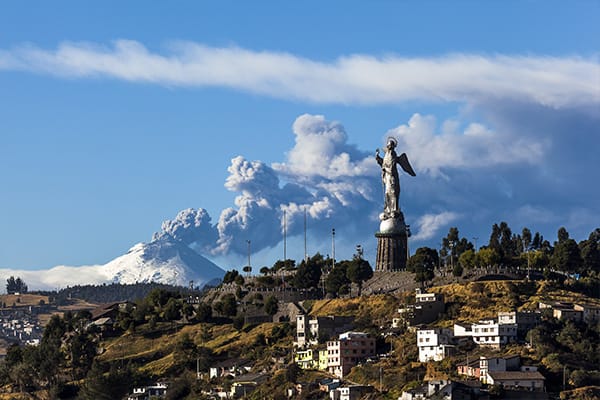 Quito with Cotopaxi erupting in background